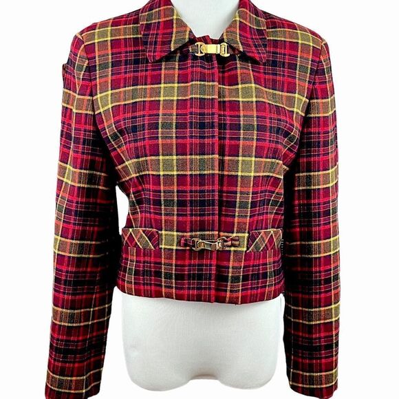 Burberry Red Tartan Plaid Crop Zip Wool  Jacket 6 - Picture 1 of 10